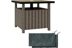 Outsunny 22" Square Steel PE Rattan Wicker Table with Umbrella Hole, Outdoor Patio Accent Dining Side Table Used as Umbrella 