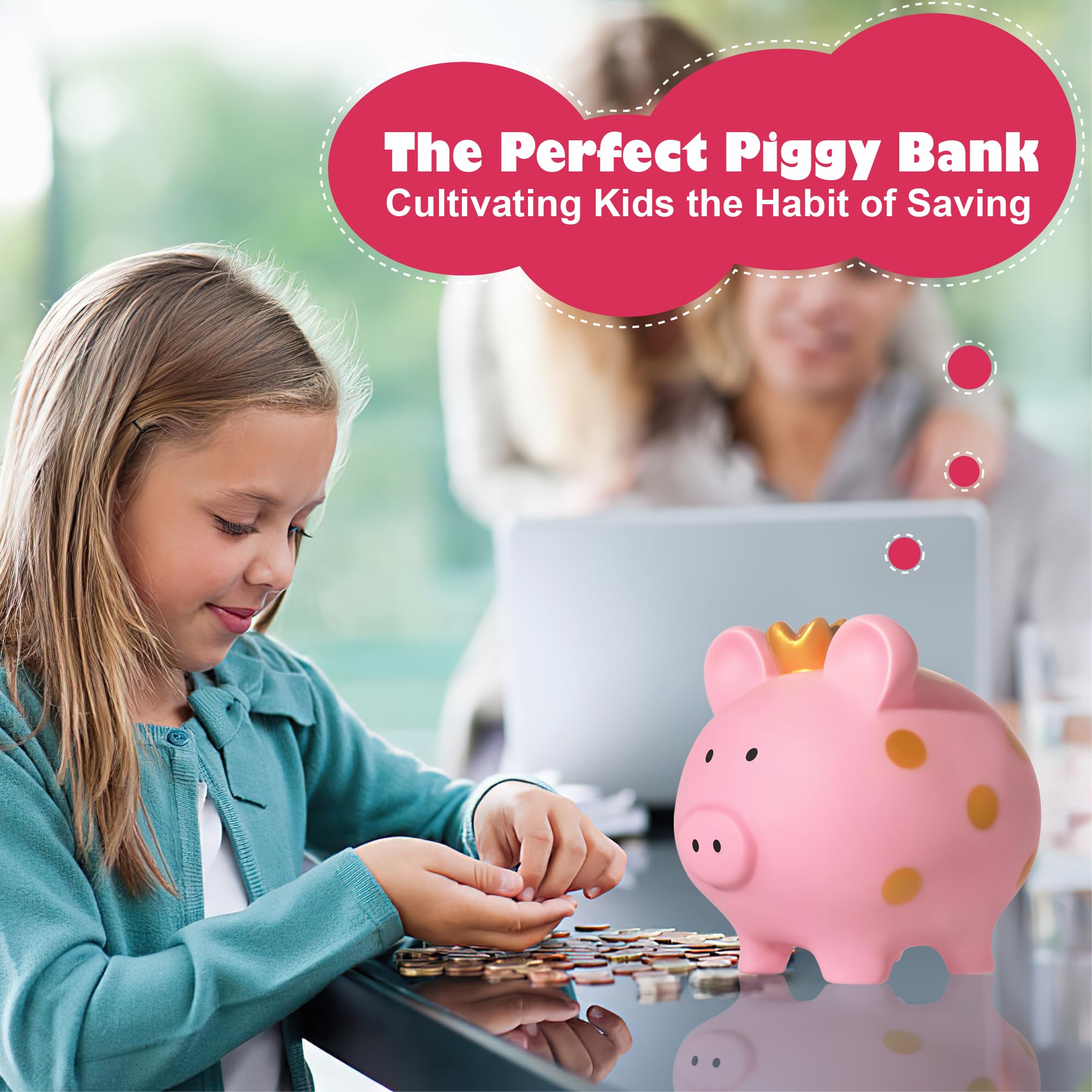 Piggy Bank for Girls, Large Unbreakable Plastic Toddler Money Saving Bank with Crown, Pig Coin Bank for Boys, Personalized Decor Money Container Birthday for Kids (Pink)