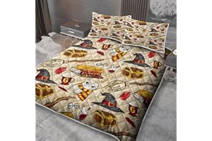 MILANKET 3pcs Wizard Hat Print Quilt Set Twin Size for Kids Magic Tools Bedspread Broomstick Coverlet Lightweight Microfiber Bedding Set with 2 Pillow Shams