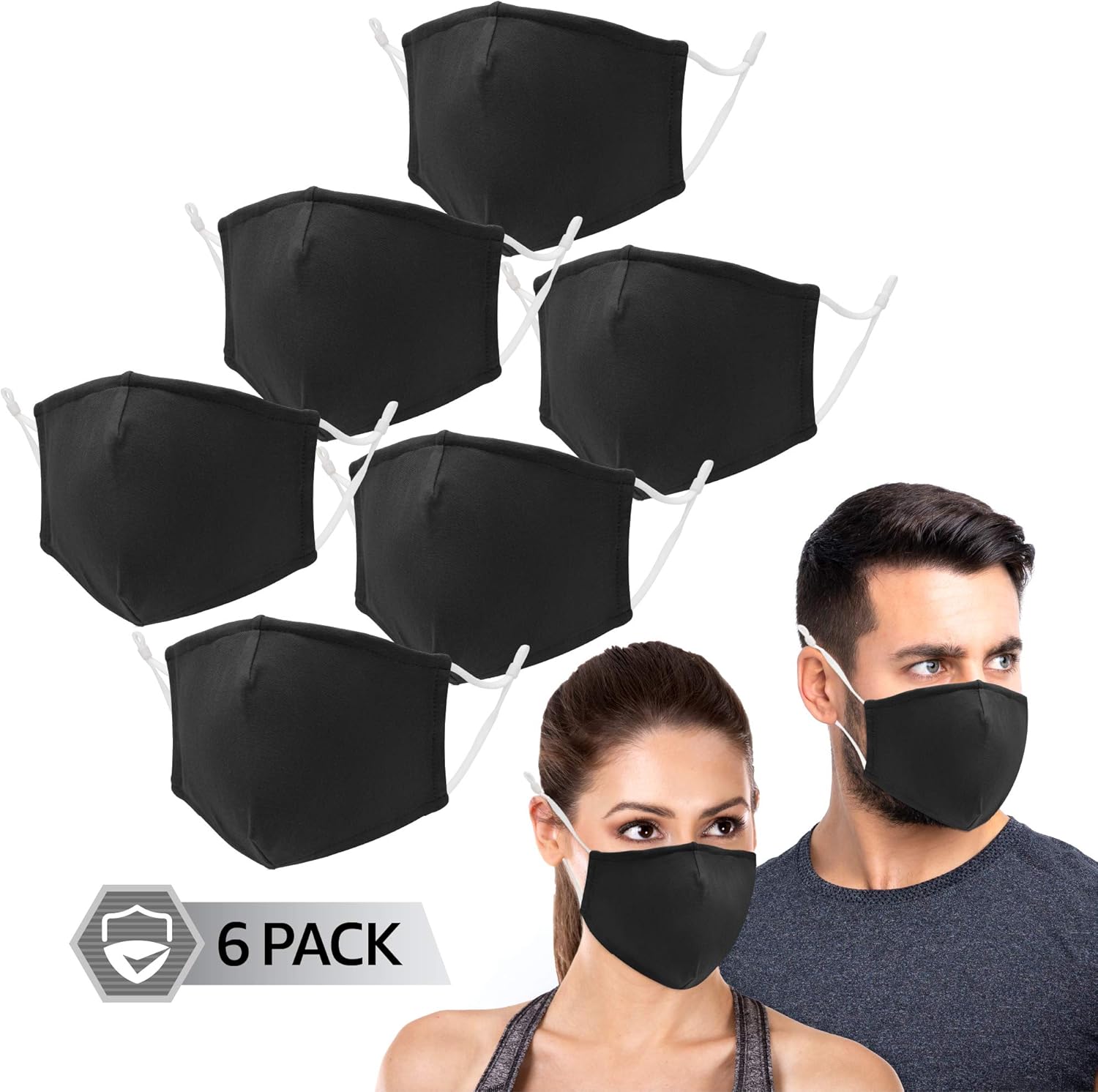 6 Ct BreatheRite Masks All Black, Cotton Mask with
