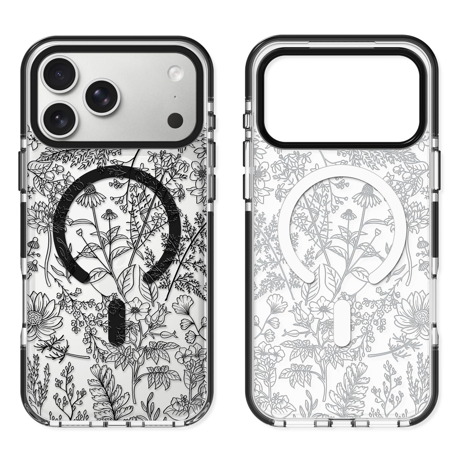 SAKUULO for iPhone 17 Pro Max Case [Compatible with MagSafe] with Sage Floral Design, Cute Clear Flower Slim Bumper Shockproof Protective Magnetic Phone Cover for Women Girls, Black Sage Flower