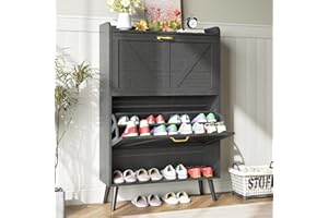 Sscaktu Shoe Storage Cabinet for Entryway, Hidden Shoe Cabinet with 2 Flip Drawers, Narrow Slim Shoe Cabinet for Hallway, Free Standing Wooden Shoe Organizer Shoe Rack, Black