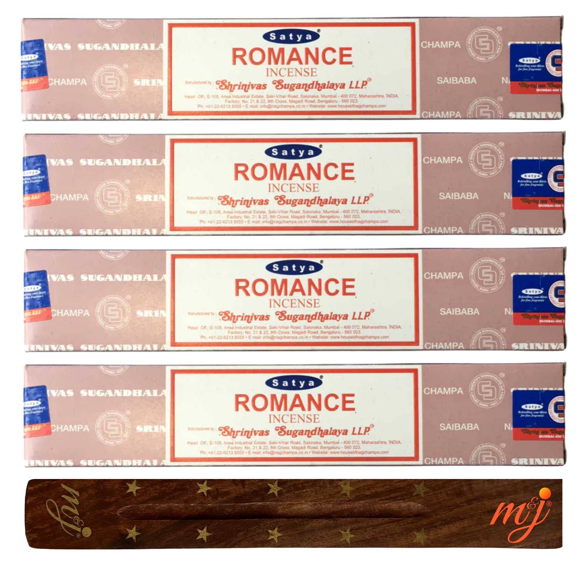 Original Satya Nag Champa Romance Incense Sticks | with M&J incense sticks holder | x4 pack | for Aromatherapy, Spa, Yoga, Weddings, Meditation, Healing, Positivity and Relaxation — image 1