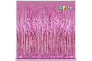 Pink Foil Fringe Curtains Tinsel Backdrop, Melsan 3.2 x 8 ft Metallic Tinsel Curtains Party Decorations for Baby Shower,Babbie, Mermaid Themed Birthday Party Backdrop - Pack of 2