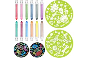Qeeenar 14 Pcs Mandala Stencils Outdoor Sidewalk and Chalk Set 20 Inches Diam Includes 2 Stencils 12 Chalks and Chalk Holders(Flowers and Butterflies)