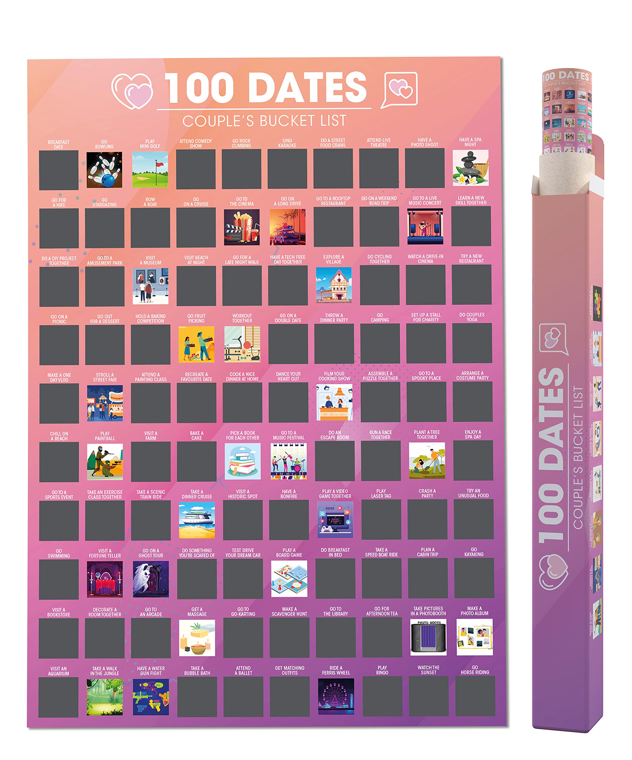 Giftinghouse 100 Dates Scratch Off Poster - Bucket List Scratch Poster - 100 Things to do for Couple’s - Best Valentines day Gift, Anniversary, Girlfriend or Boyfriend - A2 size.