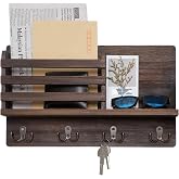Dahey Key Mail Holder Wall Mounted Wooden Hanger with 4 Double Hooks, Brown | Rustic Farmhouse Decor, Wall Mail Organizer with Shelf, Solid Wood Rack, Easy Install, Versatile Storage for Entryway Mudroom