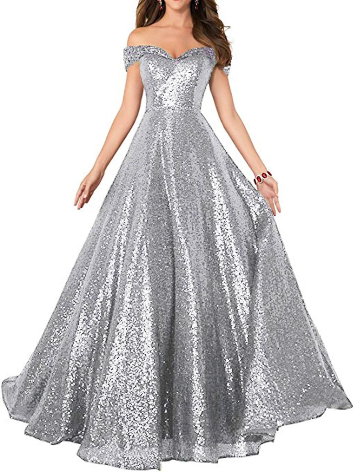 Sequin Prom Dresses Off The Shoulder Crystal Beaded Swing Ball Gown Long P104