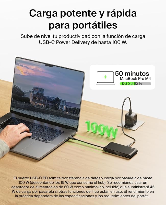 Connect Hub USB C de 8 Puertos, Adaptador USB C con Vídeo con Resolución 4K a 60 Hz, para Mac, Windows y Chromebook, Power Delivery a 100 W, Transferencias de 10 Gbps y 2.5Gbps Ethernet - Negro