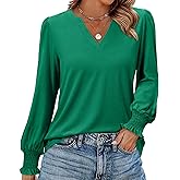 Uhiger Womens Tunic Tops Long Sleeve Blouses for Women Dressy Casual V Neck Tops Shirts Trendy with Smocked Cuffs