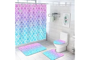 Coxila Mermaid Scales Shower Curtain Set (Not Glitter) Kids Girls Pink and Blue Ombre Ocean Home Toilet Lid Cover U Shaped Bath Mat 4 Pcs Decor Bathroom Non-Slip Rug Fabric Polyester 60x72 Inch