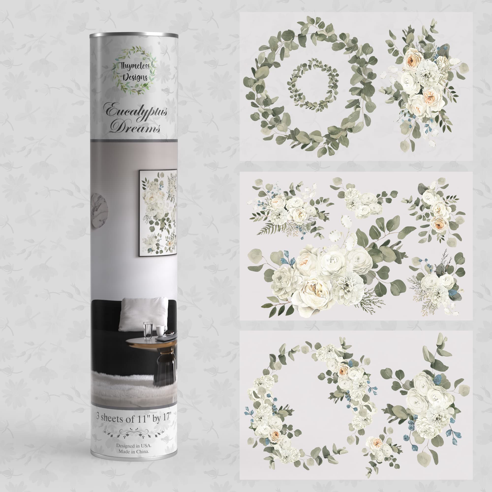 Rub on Transfers for Furniture and Crafts | 3 Design Sheets 11” x 17” Each | Home Décor Transfers | Furniture and Craft Decals | by Thymeless Designs (Eucalyptus Dreams)