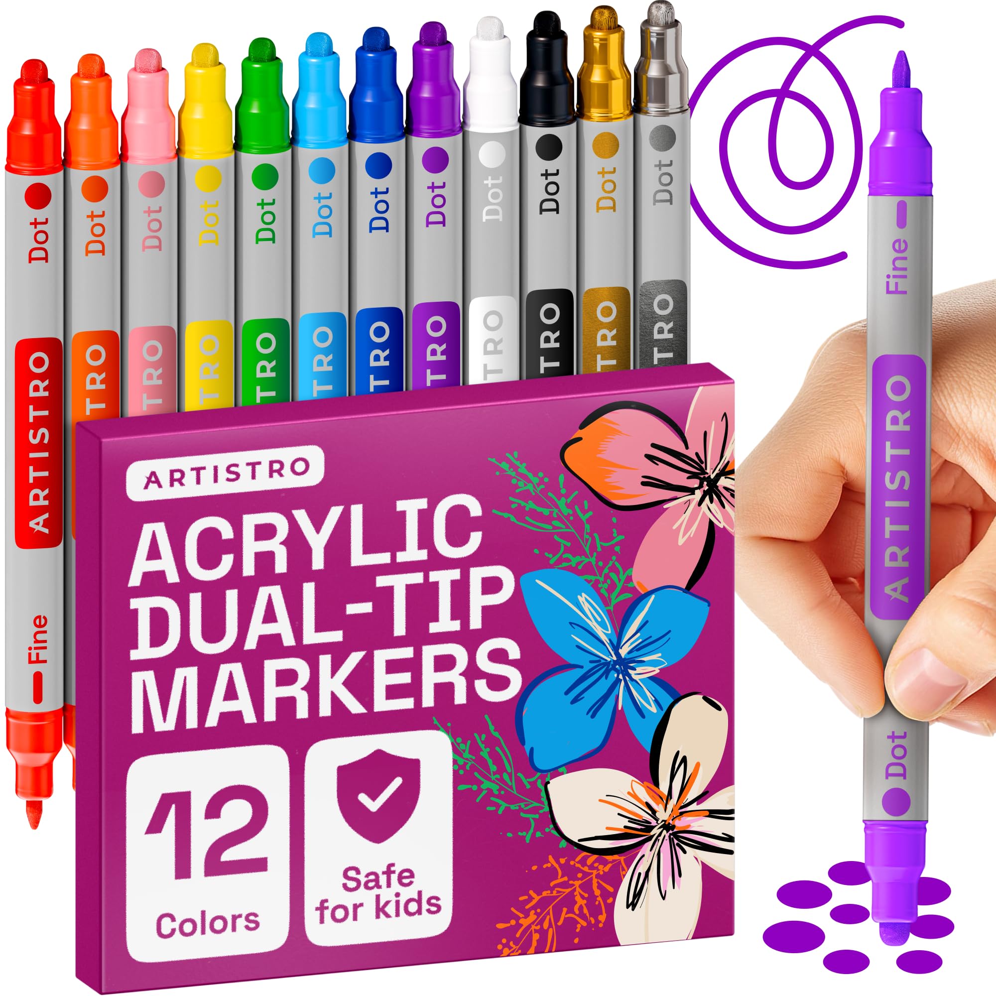 Photo 1 of ARTISTRO Vibrant Acrylic Paint Markers for Glass, Rock, Fabric, Wood, Paper, Ceramic, Canvas & More - 12 Dual-Tip Paint Pens (Dot & Fine)