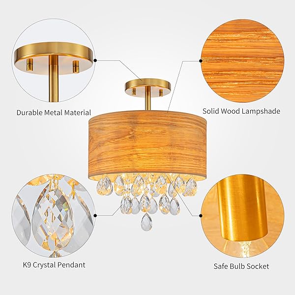 PINE FLICKER 3-LIGHT DRUM WOOD & K9 CRYSTAL CEILING LIGHTS, FARMHOUSE STYLE SEMI-FLUSHMOUNT LIGHT FIXTURE FOR DINING ROOM, LIVING ROOM & BEDROOM, D12 * H14 INCH, SOLID WOOD LAMPSHADE & GOLD FINISH