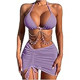 COZYEASE Women's 3 Piece Bikini Set Backless Halter Neck Triangle Chain Swimsuit Set with Beach Skirt