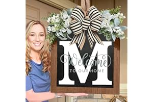 YOSTYLE 2024 New Last Name Year Round Front Door Wreath with 26 Initial Letter Welcome Sign, Eucalyptus Garland, and Bow | Spring Wreaths for Front Door Decor | Outdoor Hanger Garland (M)