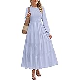PRETTYGARDEN Women's Long Sleeve Spring Maxi Dresses 2026 Casual Smocked Trim Neck Swiss Dot Flowy Formal Wedding Guest Dress