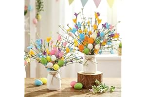 Nitial 2 Pcs Easter Picks and Vase Berry Picks Branches Spring Artificial Flower Arrangement with Colorful Eggs Berries and F