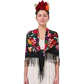 YHDDYG 2 Pcs Frida khalo Fuchsia Flower Headband and Women’s Tassel Shawl Wrap Mexican Style Ethnic Shawl Party N3