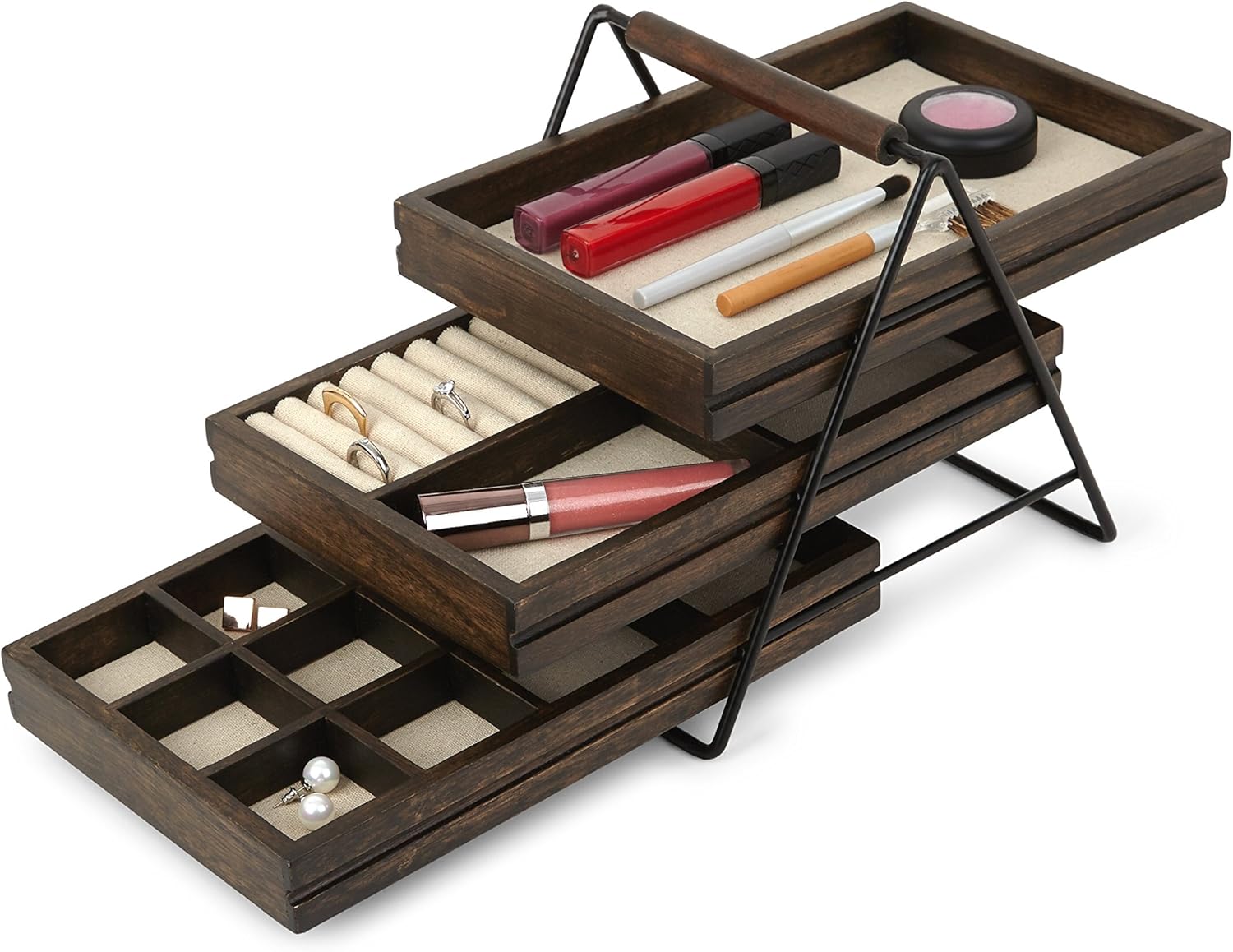 Umbra 1004037-048 Terrace Jewelry Tray – Three-Tier Jewelry Tray With Three Sliding Linen Lined Wood Trays With Metal Frame and Handle, Easy Storage and Access, Black/Walnut Finish: Home & Kitchen