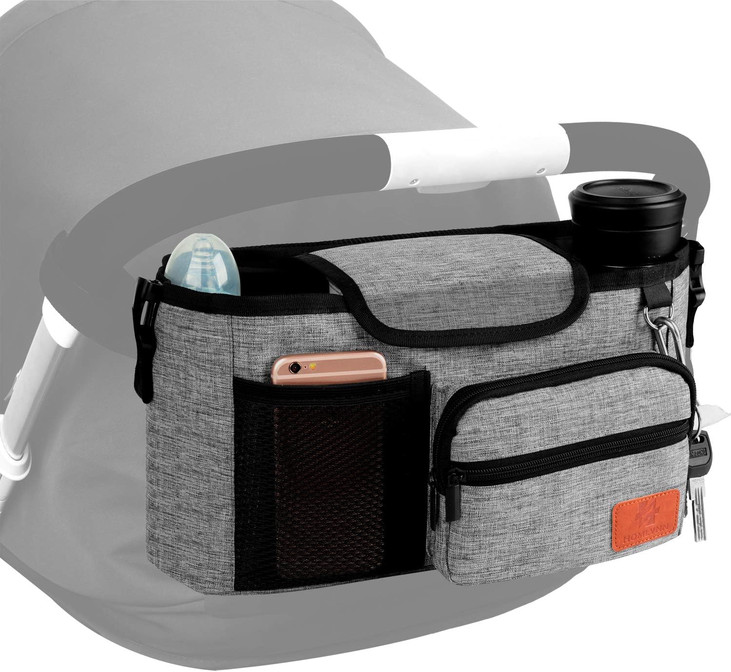 Homlynn Stroller Organizer, Parent Console Storage Bag-2 Deep Cup Holders Extra-Large Storage with Shoulder Strap, Adjustable Handlebar Strips-Fit All Stroller Models(Grey): Home Improvement