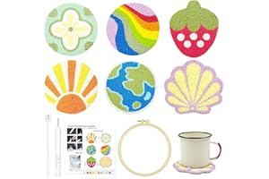 HAND U JOURNEY Craft Punch Needle Coasters Kit - 6 Patterns with Adhesive Felt, Yarns, Embroidery Hoop - Perfect for Adults, Beginners, and Starter with Instructions