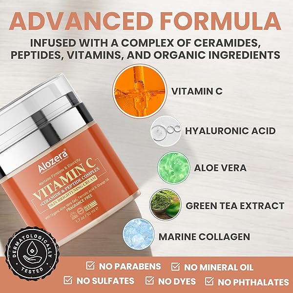 ALOZERA VITAMIN C FACE CREAM – BRIGHTENING & ANTI-AGING MOISTURIZER, PREVENTS, REPAIRS, AND NOURISHES AGING SKIN; HELPS WITH UNEVEN SKIN TONE AND WRINKLES, DAY & NIGHT CREAM – 1.7 OZ.