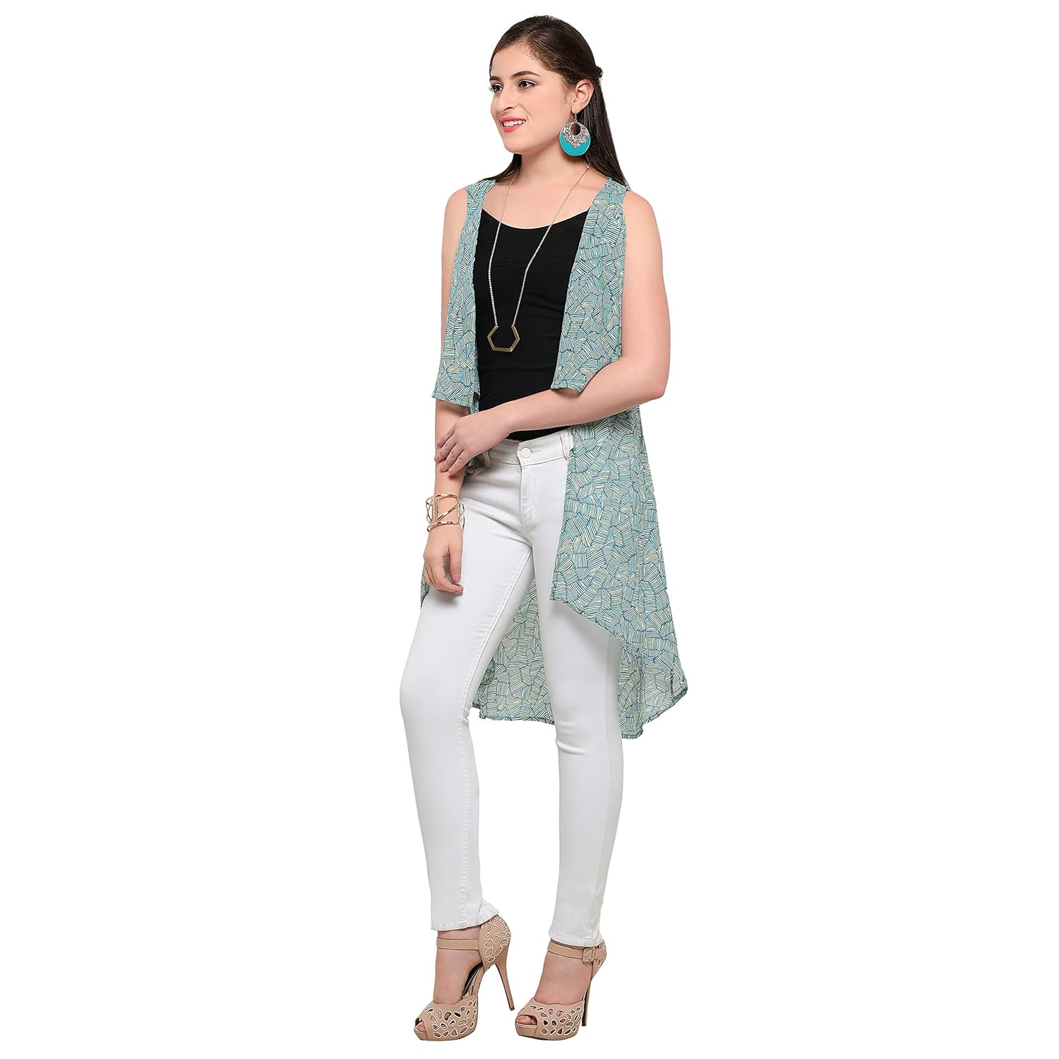 serein women's green multicolour georgette sleeveless shrug/long jacket/summer jacket