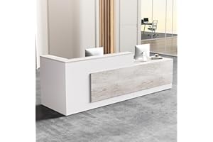 NUIPESN Modern L-Shaped Reception Desk with Hutch, Office Reception Counter Table with Lockable Drawer and Door Cabinet, Wooden Computer Front Desk (Oak+Warm White-Left Cabinet, 110.24"L*23.62"W*41.34"H)