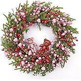 MagicWreath Valentines Day Wreaths for Front Door 22 Inch Valentines Wreath Artificial Valentine's Day Wreath with Red Pink Berry and Little Bear for Valentine's Day Anniversary Wedding