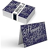 Better Office Products 50 Pack Happy Holidays Cards with Silver Foil Accents, 5" x 7", High Gloss, Interior Greeting, with 50 Envelopes, Christmas Cards, New Years Cards, 50 Count Boxed Set