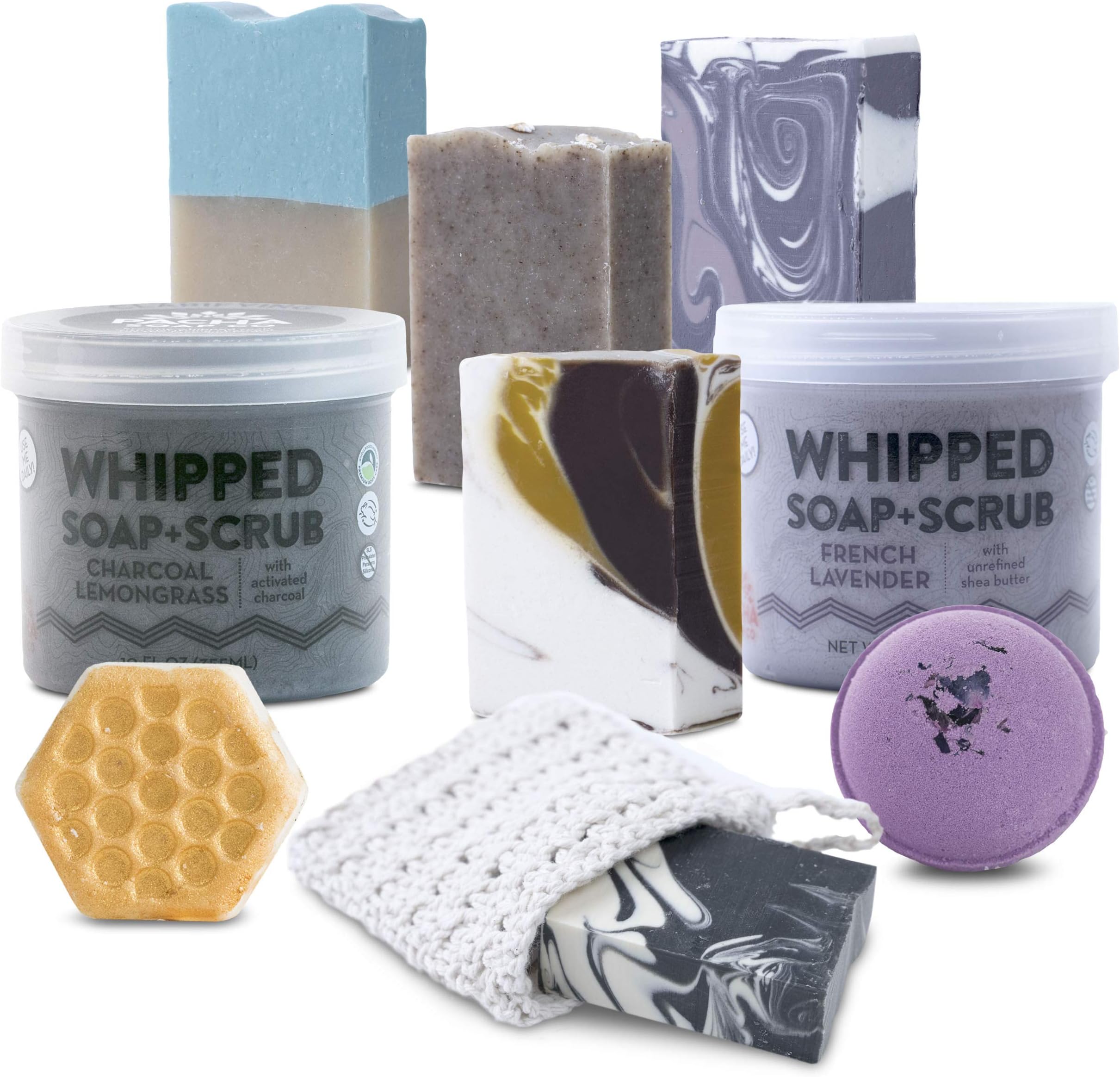 Bath Gift Basket for Women - Luxurious Bath Gift Sets with Bar Soap, Whipped Soap + Scrub, and Froth Bombs