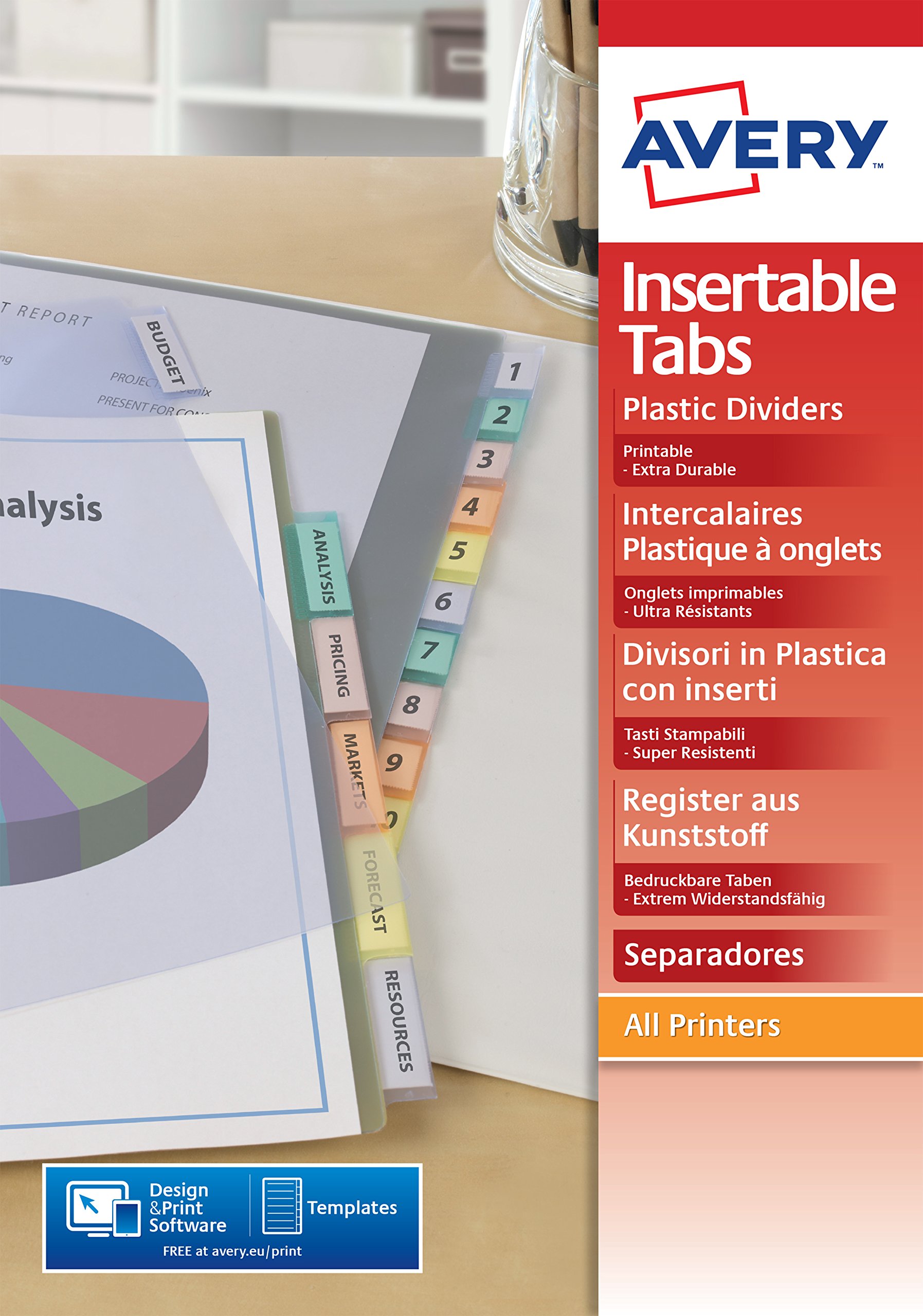 Avery 05614501 Index Maker Polypropylene Insertable Tab Dividers, 12 Plain Tabs - Assorted Colours