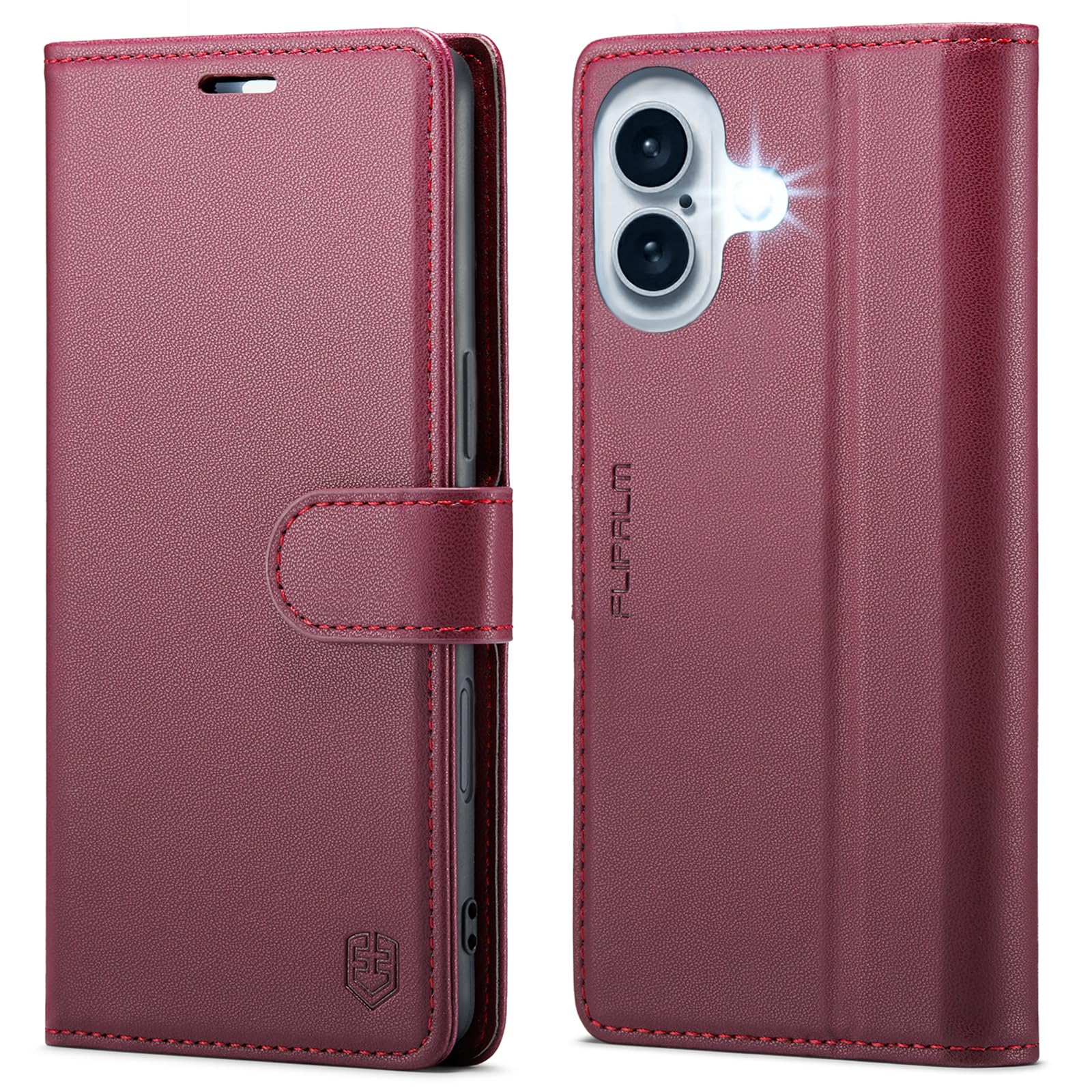 Photo 1 of FLIPALM Wallet Case for iPhone 16 6.1", RFID Blocking Credit Card Holder, PU Leather Folio Flip Kickstand Protective Shockproof Cover for Apple 16 (Red)