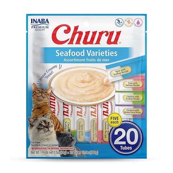 INABA CHURU CAT TREATS, LICKABLE, SQUEEZABLE CREAMY PURÉE CAT TREAT WITH GREEN TEA EXTRACT & TAURINE, 0.5 OUNCES EACH TUBE, 20 TUBES, SEAFOOD VARIETY