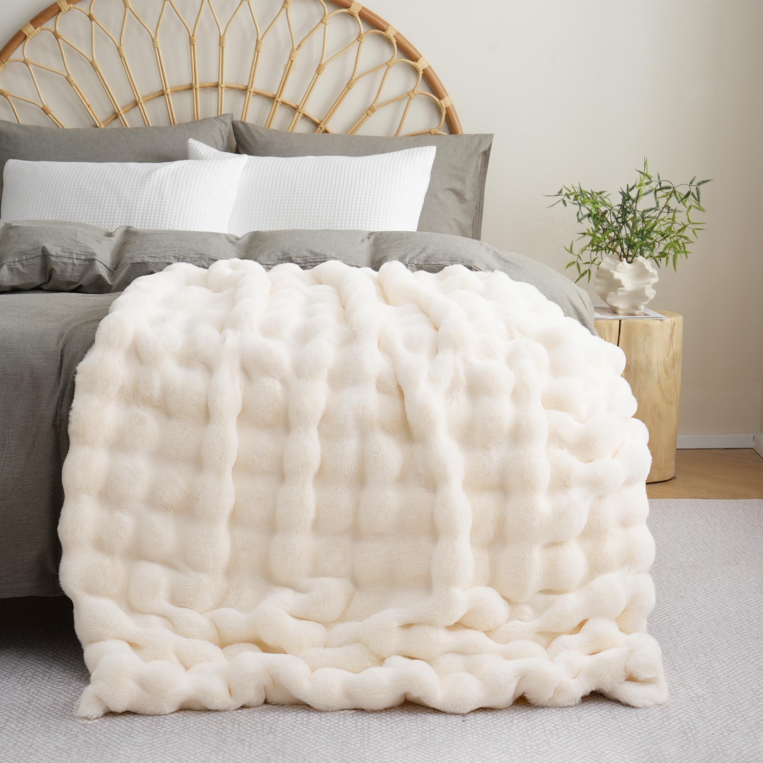 BENVWE Fluffy Faux Fur Throw Blanket for Couch, Soft Plush Thick Cozy Fuzzy Luxury Minky Bubble Blanket for Home Living Room Decor Gift for Women, Warm Ivory, 63" x 80", 1100GSM