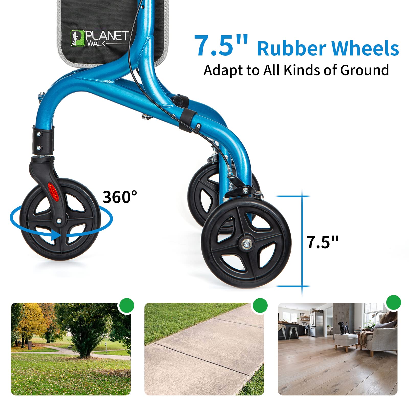 Planetwalk Premium 3 Wheel Rollator Walker for Seniors - Ultra Lightweight Foldable Walker for Elderly, Aluminum Three Wheel Mobility Aid, Brilliant Blue