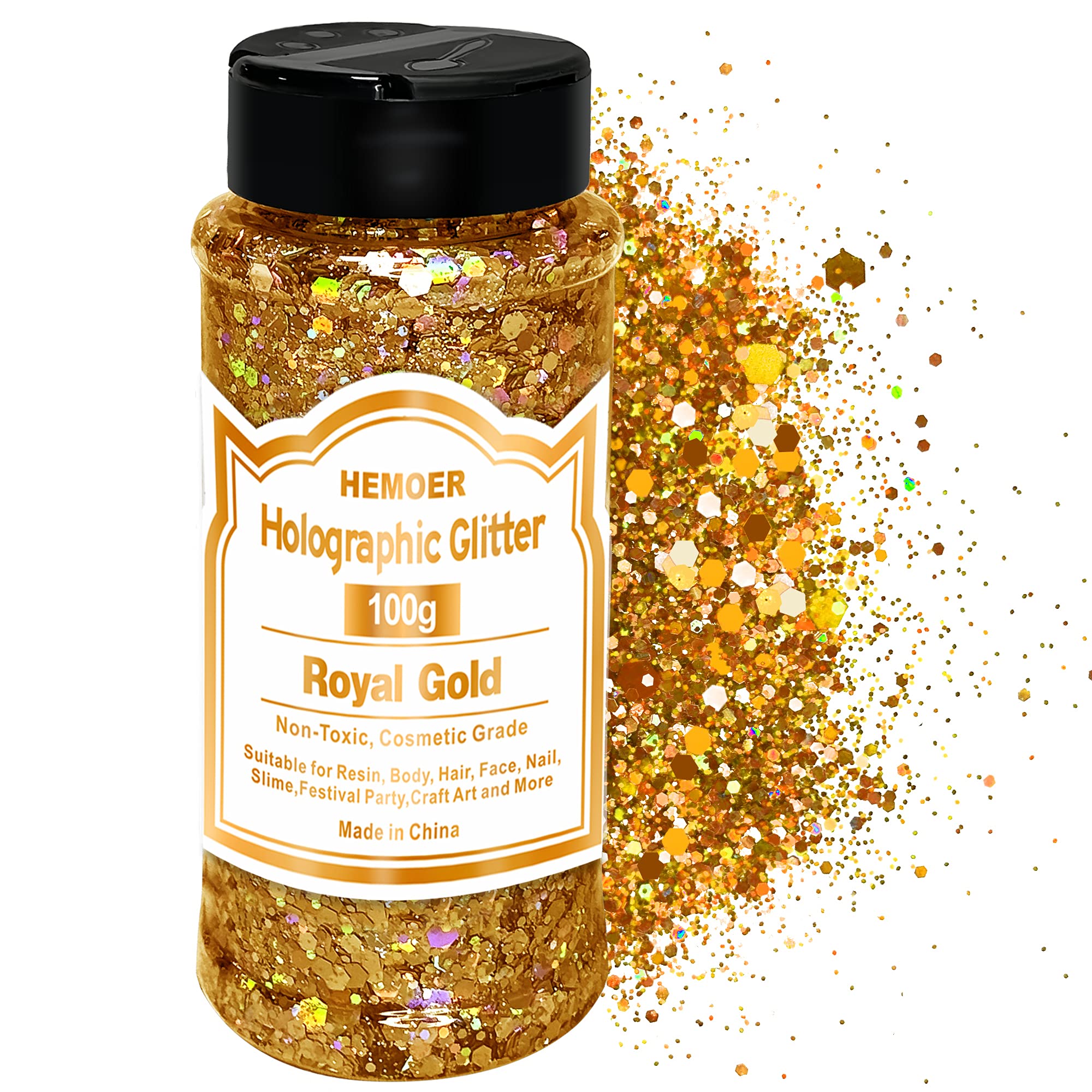 HEMOER Royal Gold Glitter, 100g/3.5oz Holographic Chunky Glitter Mixed Hexagon Chunky & Fine Flakes Iridescent Sequins for Epoxy Crafts, Resin, Nail Body, Tumblers, Christmas, Party Decoration