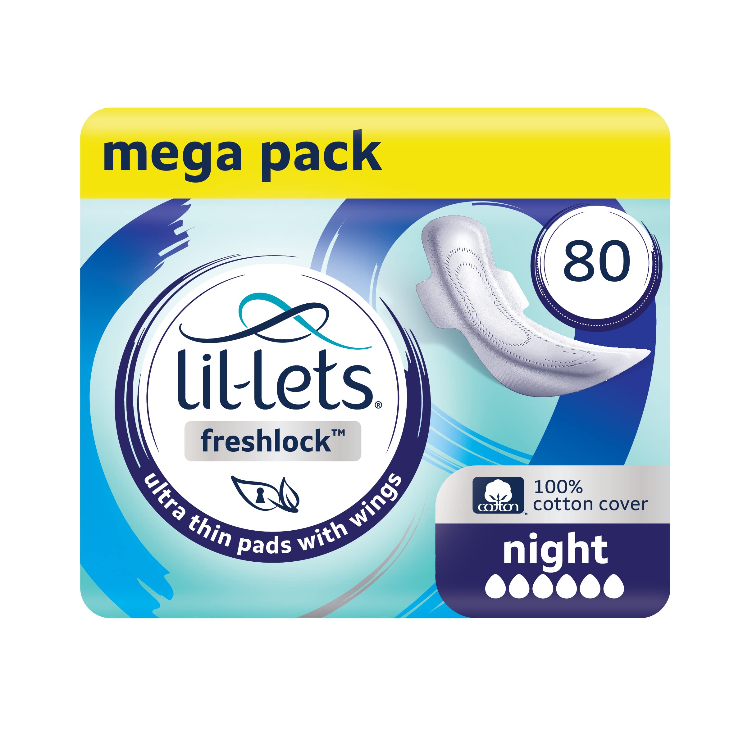 Lil-Lets Freshlock™ Ultra Thin Period Pads - 80 Count, Night Absorbency, with Wings, 8 Packs of 10 Pads - Bulk Pack, Unscented, 100% Cotton Cover, Nightime Sanitary Towels