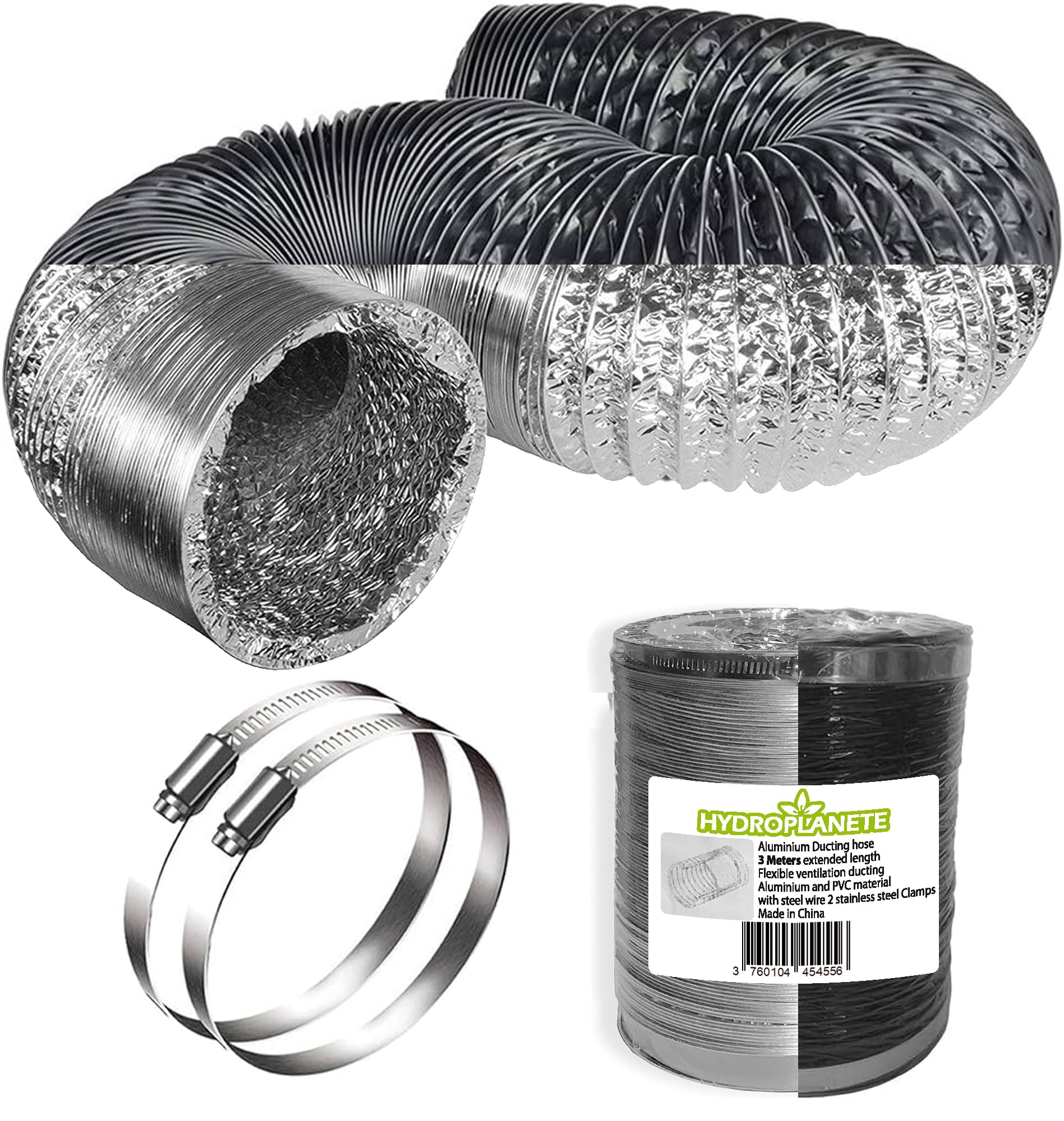 HYDROPLANETE Flexible Aluminium Duct Kit 3 m with 2 Hose Clamps - Ventilation Ducting Diameter 100 125 or 150 mm