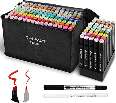 colpart 120 Color Dual Tip Alcohol Markers Pens with Case Brush & Chisel Tips