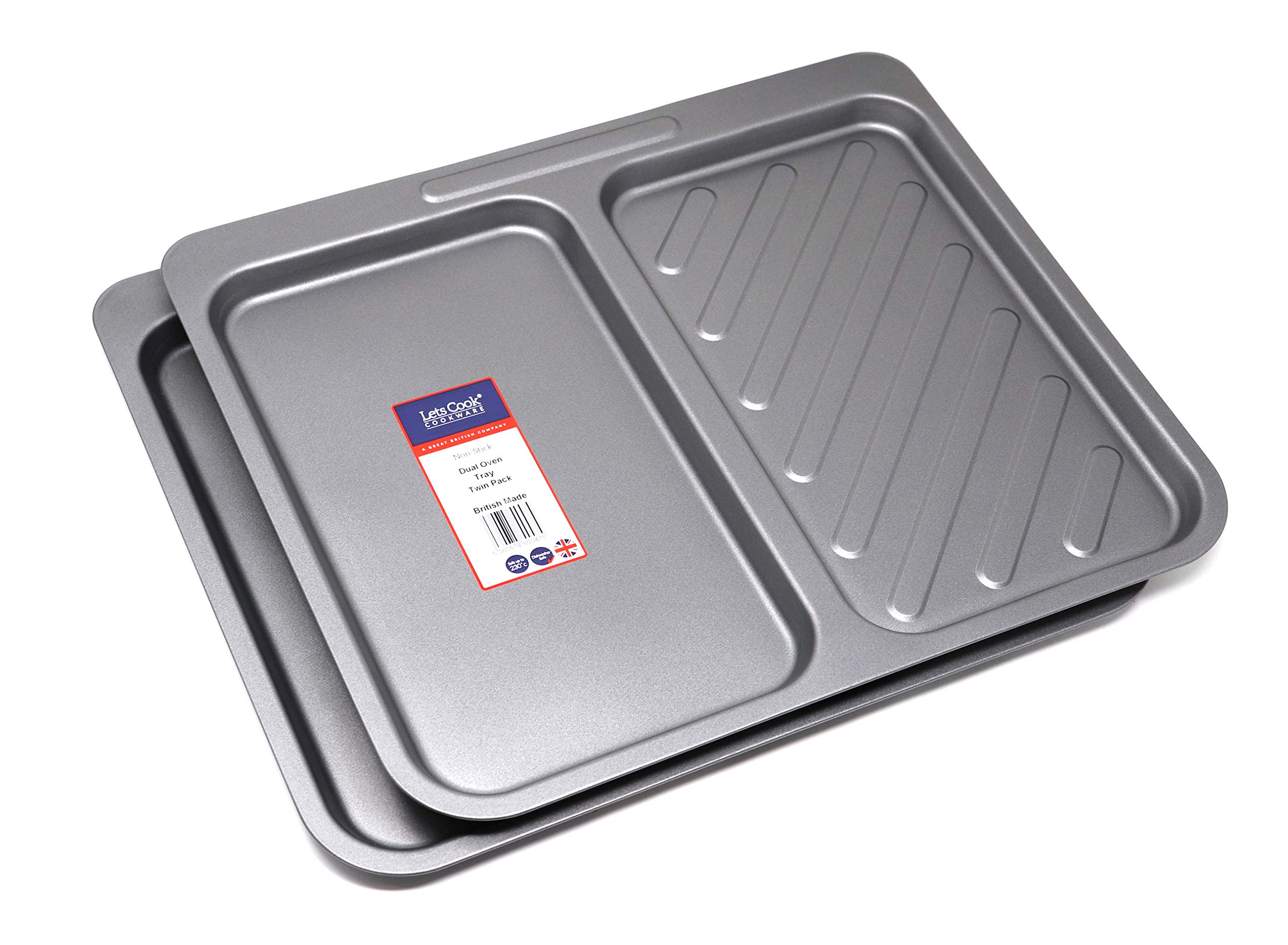 Lets Cook Cookware - 40cm Dual Oven Trays, 2in1 Split Baking Trays, Twin Pack (Set of 2), Teflon Non Stick, British Made