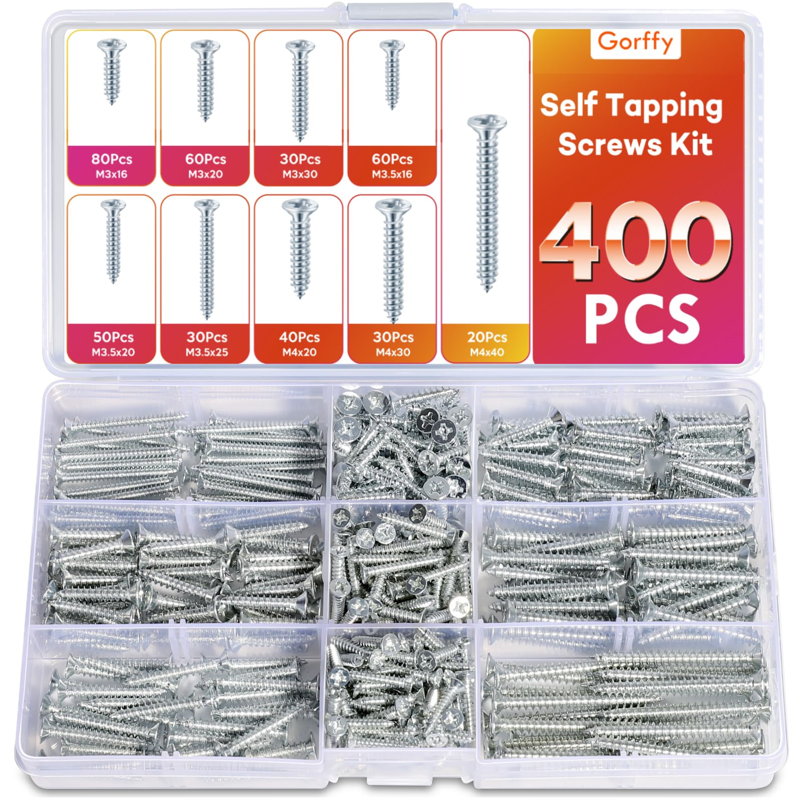 Gorffy Wood Screws, 400PCS Wood Screws Assortment, M3,M3.5,M4 Screws for Wood, Countersunk Self Tapping Screws, Zinc Coated Assorted Woods Screw for DIY, Furniture & Repairs