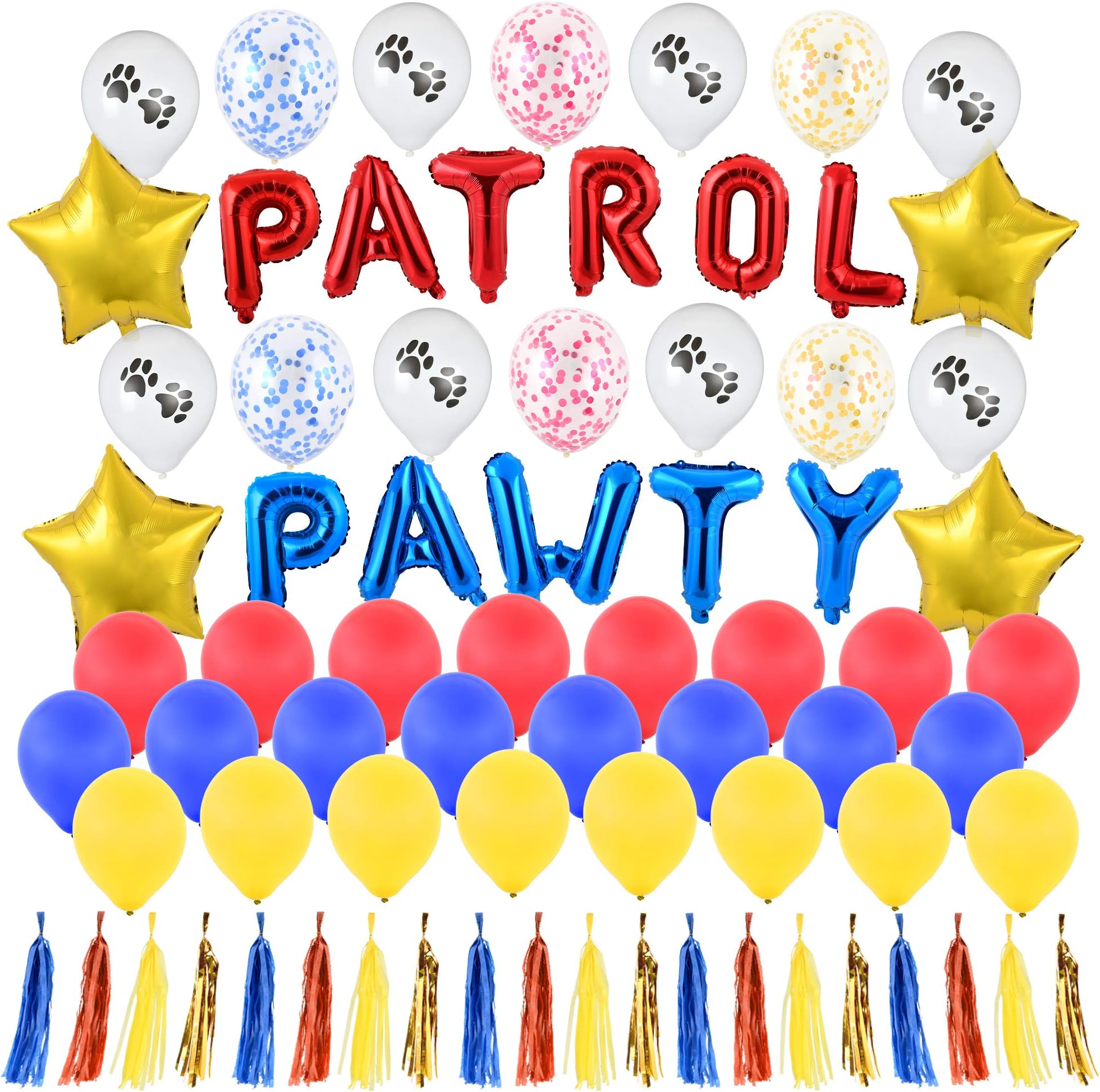 Pawty Patrol Party Supplies โ Includes Spell Out โPatrol Pawtyโ Red and Blue 14in Foil Letter Balloons โ Gold Stars, Confetti and Paw Print Balloons and Tassels โ Paw Patrol Birthday Party Decorations