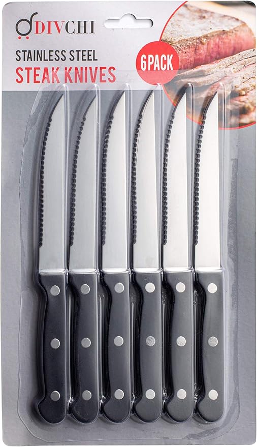 DIVCHI Steak Knives Set of 6 Steak Knife Set Serrated Steak Knives
