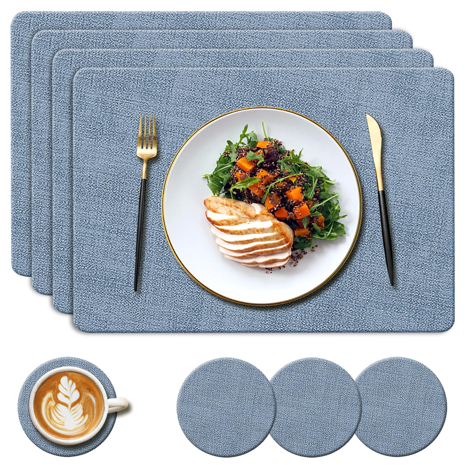 YUNJUER Washable Leather Place mats and Round Coasters Set, Heat Resistant 212 °F, Non-Slip and Waterproof, Easy to Clean for Kitchen, Restaurant, Hotel, Dining Room, 8 Pieces, 43x30cm, (Blue)