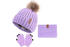 Hicdaw Kids Winter Hats Gloves Scarf Set Touchscreen Glove With Removable Pompom Fleece Lined Toddler Beanie Hat for Boy Girl