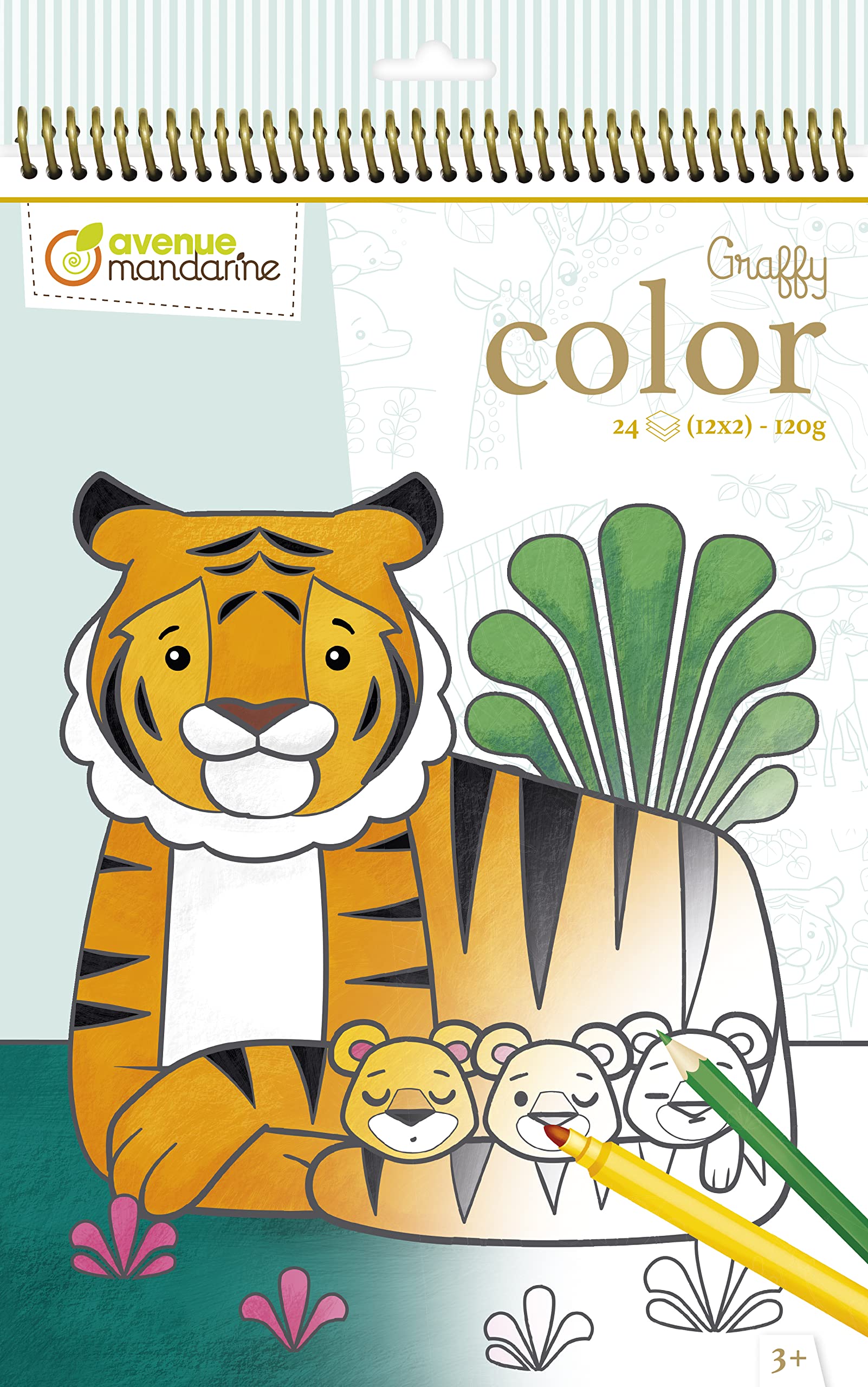 Avenue Mandarine GY097C - Graffy Colour Colouring Book - 24 Pages 120g - From 3 years - Mum/Baby Wild Animals THEME - Ideal for felt-tips and colouring pencils