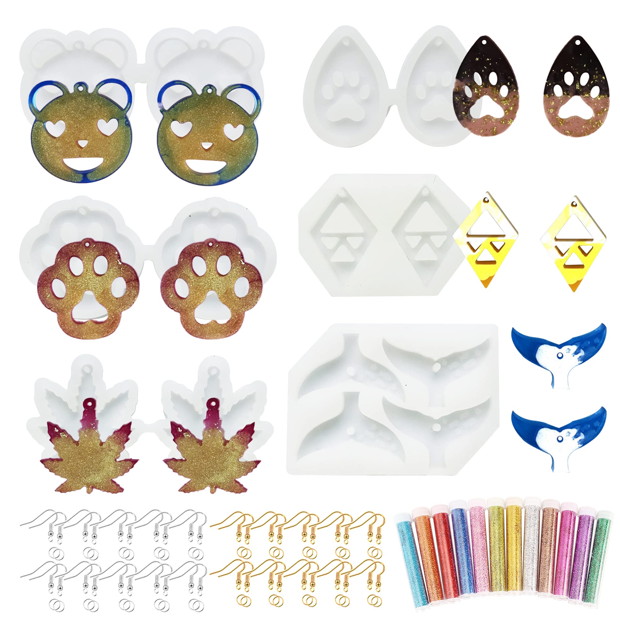Woohome 68 PCS Earring Jewelry Epoxy Resin Silicone Moulds Set - 6 Style Moulds With Ear Hooks, Jump Rings and Sequins for Jewelry, Pendant, Crafts DIY