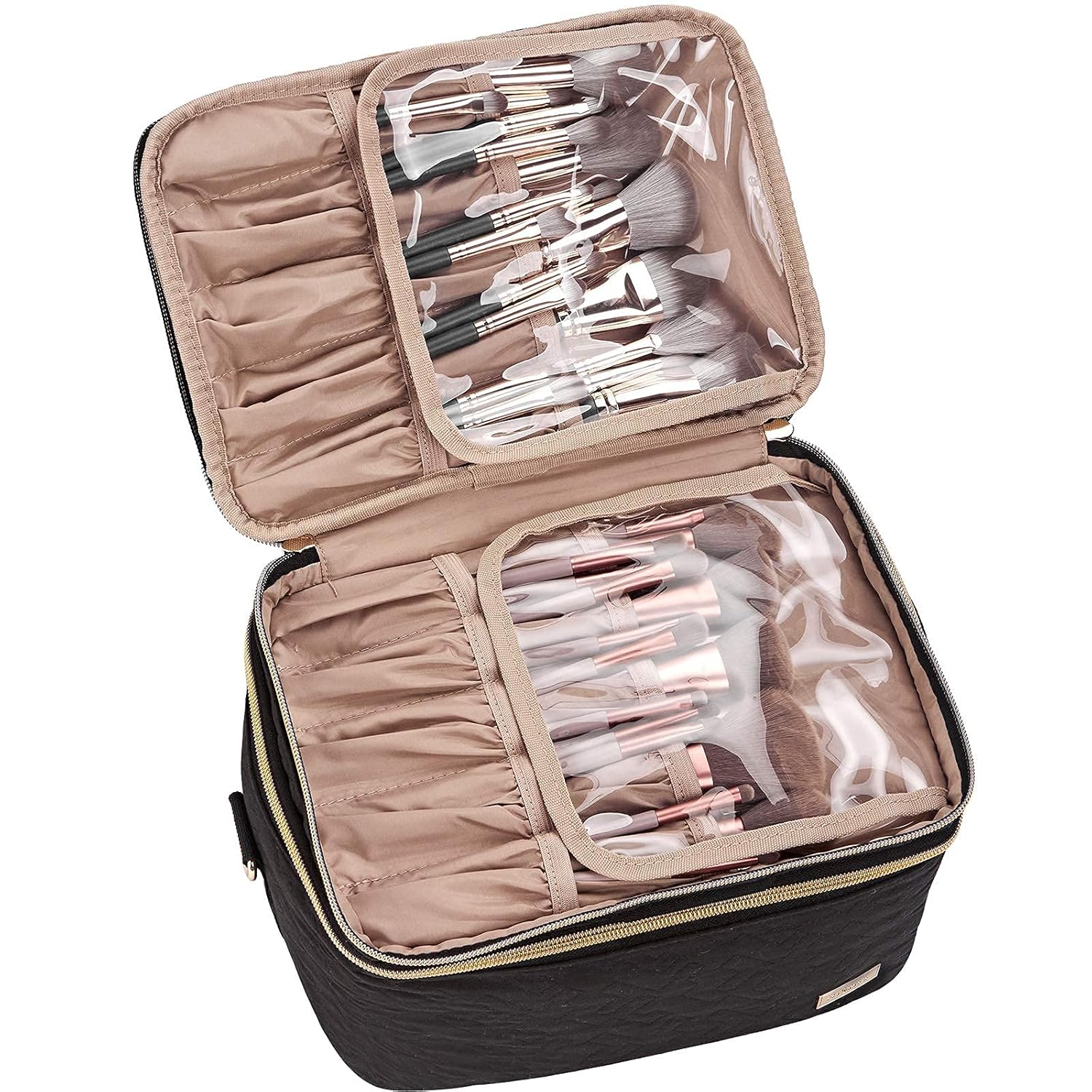 NISHEL Double Layer Travel Makeup Bag with Strap, Large Cosmetic Case Organizer Fits Bottles Vertically, Top Layer for Brushes, Tweezers, Eyeliner, Black : Beauty
